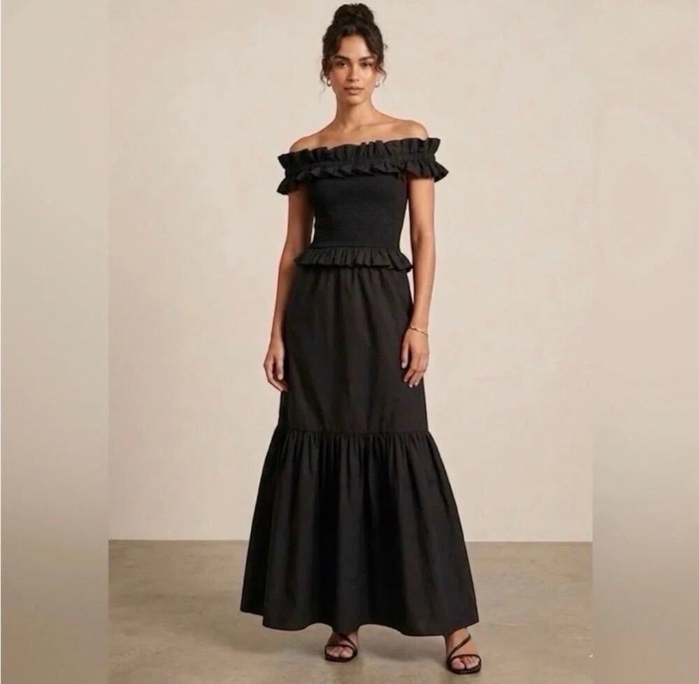 Caroline Constas Black Poplin Ruffle Tiered Off Shoulder Maxi Dress XS